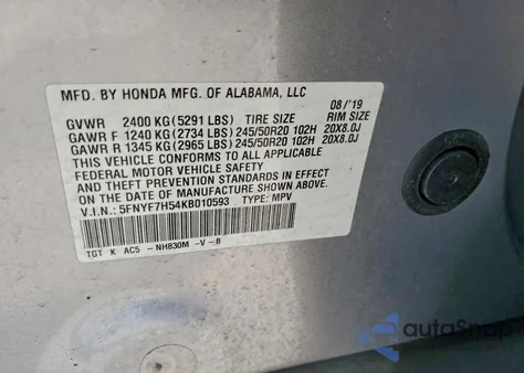 2019 Honda Passport Exl from USA, damaged, VIN 5FNYF7H54KB010593